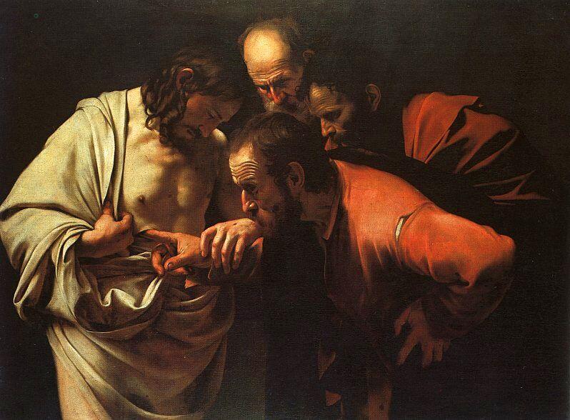 A Incredulidade de São Tomás por Caravaggio. Tomé está tocando o lado de Jesus, mostrando a sua ressurreição corporal de uma forma evidente.